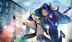 2girls =_(9_yawbus) ahoge black_hair building closed_mouth coat dark-skinned_female dark_skin day geeta_(pokemon) gloves green_hair hand_around_waist highres improvised_umbrella long_hair multiple_girls necktie nintendo open_mouth outdoors overcast pants pokemon pokemon_sv rain rainbow rika_(pokemon) shirt shoes sky sleeveless smile teeth upper_teeth_only very_long_hair yuri