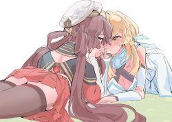 2girls absurdres blonde_hair blush brown_hair chinese_clothes dress flower-shaped_pupils genshin_impact highres hooriyuu hu_tao_(cherries_snow-laden)_(genshin_impact) hu_tao_(genshin_impact) long_hair looking_at_another lumine_(genshin_impact) multiple_girls official_alternate_costume official_alternate_hairstyle red_eyes short_hair_with_long_locks symbol-shaped_pupils white_dress yellow_eyes yuri