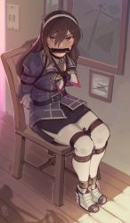 1girl absurdres ankle_boots ashigara_(kancolle) ashigara_kai_ni_(kancolle) bit_gag black_skirt boots brown_eyes brown_hair chair commission fake_horns gag gagged gloves hair_between_eyes hairband high_heel_boots high_heels highres horned_headwear horns kaddo kantai_collection long_hair long_sleeves military military_uniform miniskirt pantyhose pencil_skirt restrained sitting skirt solo wavy_hair white_gloves