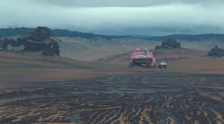 absurdres cannon car cloud cloudy_sky gun highres motor_vehicle no_humans non-humanoid_robot outdoors robot sand science_fiction simon_stalenhag sky sports_utility_vehicle stream swedish_machines tree unconventional_emergency_vehicle_lighting unconventional_vehicle water weapon