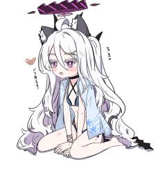 1girl absurdres ahoge animal_ears bikini blue_archive breasts cat_ears cat_girl cat_tail commentary_request cosplay e_v_e_neko halo highres hina_(blue_archive) horns kemonomimi_mode kikyou_(blue_archive) kikyou_(blue_archive)_(cosplay) long_hair purple_eyes simple_background small_breasts solo swimsuit tail translation_request variant_set white_background white_hair