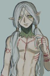 1boy arm_tattoo chest_tattoo dungeon_meshi elf fleki gorget green_eyes grey_hair hair_around_ear hair_tubes hand_in_own_hair highres hnnstkn001 holding holding_own_hair long_hair low_twintails lycion male_focus notched_ear pointy_ears simple_background solo tattoo topless_male twintails