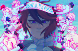 2boys aotsuki_eito black_gloves black_hair blue_background blue_eyes closed_mouth english_text frown full_body glasses gloves hair_between_eyes highres jacket long_sleeves looking_at_viewer looking_down male_focus multicolored_eyes multicolored_hair multiple_boys red_eyes simple_background sumino_takumi the_hundred_line_-last_defense_academy- upper_body white_jacket