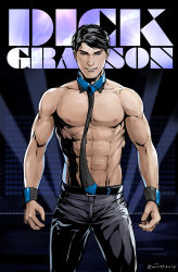 abs artist_name bara batman_(series) belt black_belt black_hair black_pants character_name dc_comics dick_grayson evinist highres large_pectorals male_focus muscular muscular_male navel nipples pants pectorals short_hair smile topless_male wristband