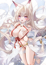 1girl absurdres animal_ear_fluff animal_ears bare_shoulders blonde_hair breasts cleavage detached_collar finger_to_mouth floating_hair fox_ears frilled_thigh_strap hand_up heart heart-shaped_pupils highres large_breasts long_hair looking_at_viewer navel open_mouth original purple_eyes red_ribbon ribbon sash solo symbol-shaped_pupils thigh_strap thighs tongue tongue_out very_long_hair yukineko1018