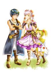1boy 2girls aged_down bare_shoulders blonde_hair blue_eyes blue_hair boots brand_of_the_exalt brother_and_sister brown_boots brown_eyes child chrom_(young)_(fire_emblem) chrom_(fire_emblem) chrom_(valentine)_(fire_emblem) collarbone commentary_request crossed_arms dress female_robin_(fire_emblem) fire_emblem fire_emblem_awakening fire_emblem_heroes flower full_body hair_flower hair_ornament head_wreath highres hug hug_from_behind knee_boots lissa_(young)_(fire_emblem) lissa_(fire_emblem) lissa_(valentine)_(fire_emblem) long_hair looking_at_another looking_at_viewer moverabbit0305 multiple_girls nintendo official_alternate_costume female_robin_(young)_(fire_emblem) female_robin_(valentine)_(fire_emblem) short_hair siblings simple_background sleeveless smile standing toes twintails white_background white_hair