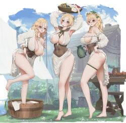 3girls absurdres ankle_strap aqua_eyes areola_slip armpits ass bare_legs bare_shoulders barefoot basket blonde_hair blue_eyes blue_sky bracelet braid breasts brown_hood bucket cleavage cloud cloudy_sky collarbone corset covered_navel crown_braid day dress feet flower flower_hairband flower_wreath grass hair_between_eyes hair_flower hair_ornament highres holding holding_basket holding_jug house jewelry large_breasts laundry legs long_hair looking_at_viewer low_twin_braids mole mole_on_armpit mole_on_breast mole_on_shoulder mole_on_thigh mole_under_eye mole_under_mouth multiple_girls necklace no_panties original outdoors sky smile standing standing_on_one_leg suerte table thigh_strap thighs tiptoes toes twin_braids white_dress wooden_bucket