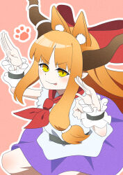 1girl :3 :p animal_ear_fluff animal_ears blush bow bowtie brown_horns cat_day cat_ears cat_girl closed_mouth commentary_request cowboy_shot hair_bow highres horn_bow horn_ornament horns ibuki_suika kemonomimi_mode kurohiba long_hair looking_at_viewer orange_hair paw_print paw_print_background pink_background purple_bow purple_skirt red_bow red_bowtie shirt sidelocks skirt sleeveless sleeveless_shirt smile solo tongue tongue_out touhou v-shaped_eyebrows white_shirt wrist_cuffs yellow_eyes