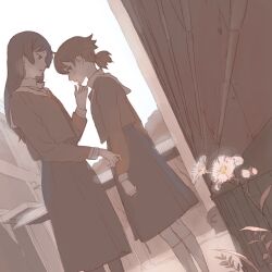 Rule 34 | 2girls, 55bata6rou, averting eyes, breath, building, dress, face-to-face, flower, from side, hands on another&#039;s face, highres, koito yuu, long hair, long sleeves, looking at another, low twintails, multiple girls, muted color, nanami touko, outdoors, profile, school uniform, short hair, short twintails, sky, socks, standing, tohmi higashi high school uniform, twintails, white flower, yagate kimi ni naru