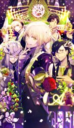 5boys asclepius_(fate) bartholomew_roberts_(fate) black_hair black_hairband black_jacket black_necktie black_shirt blonde_hair blue_eyes blush brown_hair buttons castor_(fate) chain chain_necklace closed_mouth coat collared_shirt commentary confetti crossed_bangs cup curtained_hair double-breasted dress_shirt drink drinking_glass earrings embarrassed fate/grand_order fate_(series) flower formal_clothes gloves gold_necklace green_eyes grey_hair grey_vest hair_between_eyes hairband hanamura_mai hand_on_own_face holding holding_cup holding_flower hurricane_glass indoors jacket jason_(fate) jewelry long_hair long_sleeves looking_at_viewer looking_to_the_side male_focus mandricardo_(fate) medium_hair multicolored_hair multiple_boys necklace necktie nightclub official_alternate_costume official_art one_eye_closed open_clothes open_coat orion_(bear)_(fate) parted_lips partially_unbuttoned poco_grande_glass purple_eyes red_flower red_rose ring rose shirt short_hair sidelocks small_sweatdrop smile stuffed_animal stuffed_toy tailcoat teddy_bear teeth third-party_source two-tone_hair unbuttoned unbuttoned_shirt vest waistcoat white_gloves white_hair white_shirt wing_collar