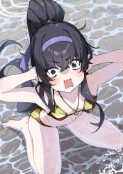 1girl @_@ absurdres arms_up bags_under_eyes beach bikini black_eyes black_hair blue_archive blush breasts from_above gold_bikini hair_ribbon hairband hands_on_own_head highres in_water jewelry kilabo kneeling long_hair navel necklace open_mouth outdoors ponytail purple_hairband ribbon shouting small_breasts solo swimsuit ui_(blue_archive) ui_(swimsuit)_(blue_archive) very_long_hair wet