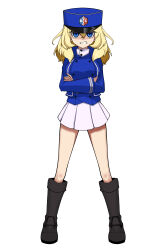 1girl absurdres bc_freedom_(emblem) bc_freedom_military_uniform black_boots blonde_hair blue_eyes blue_hat blue_jacket blue_vest boots commentary dress_shirt emblem frown full_body girls_und_panzer glaring grimace hand_on_own_hip hat high_collar highres jacket kepi knee_boots long_sleeves looking_at_viewer medium_hair messy_hair military_hat military_uniform miniskirt oshida_(girls_und_panzer) pleated_skirt shibainutank shirt simple_background skirt solo standing vest white_background white_shirt white_skirt