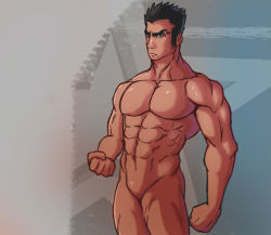 1boy abs bara black_hair completely_nude eyebrows featureless_crotch flexing looking_at_viewer muscular muscular_male navel no_genitals no_nipples no_penis nude pectorals pectorals silverlustt standing