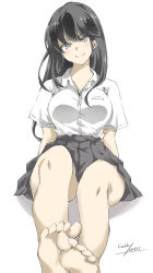 1girl artist_name barefoot black_hair black_skirt breasts brown_eyes collared_shirt dated dress_shirt gakky hayashio_(kancolle) highres kantai_collection long_hair looking_at_viewer medium_breasts military_vehicle mole mole_under_eye motor_vehicle one-hour_drawing_challenge pleated_skirt ribbon school_uniform shirt sitting skirt smile solo tank white_background white_shirt