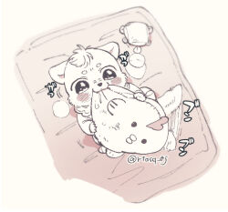 1boy babeldj baby biting body_fur commentary_request full_body furry furry_male holding holding_stuffed_toy lying male_focus on_back original solo stuffed_chicken stuffed_toy tail tail_wagging wolf_boy