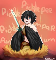 1girl artist_name bad_deviantart_id bad_id bare_shoulders bird_legs black_hair black_wings blue_eyes blush bob_cut collarbone dark_souls_(series) dark_souls_iii english_text excited feathered_wings fubukizami hair_between_eyes harpy holding holding_sword holding_weapon looking_at_object midriff midriff_peek monster_girl navel nest open_mouth orange_background pickle_pee_pump-a-rum_crow rags short_hair signature sitting solo sparkle sparkling_eyes sword weapon winged_arms wings