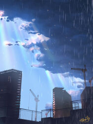 absurdres blue_sky building chain-link_fence cloud cloudy_sky commentary_request construction_site crane_(machine) day fence highres no_humans original outdoors rain scenery signature sky smile_(qd4nsvik) sunlight