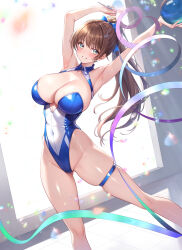 Rule 34 | 1girl, armpits, arms up, bare arms, bare shoulders, blue nails, blush, breasts, brown hair, cleavage, commentary request, covered navel, feet out of frame, green eyes, gymnastics, hair ornament, highleg, highleg leotard, highres, holding, large breasts, leotard, long hair, looking at viewer, multicolored leotard, nail polish, original, parted lips, ponytail, rhythmic gymnastics, ribbon, skindentation, smile, solo, standing, studiopokotan, thigh strap, thighs, two-tone leotard