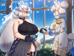 alpaca_ears alpaca_girl alpaca_suri_(kemono_friends) alpaca_tail alternate_costume animal_ears ascot asymmetrical_dress bare_shoulders black_choker black_dress black_gloves black_shoes black_thighhighs blue_eyes blue_shirt blush breasts bridal_veil choker cowboy_shot crown dress epaulettes extra_ears frilled_dress frills gameplay_mechanics gloves gold_jacket hair_bun hair_over_one_eye hair_tubes half_gloves high_heels highres huge_breasts jacket jewelry kemono_friends kemono_friends_3 large_breasts long_hair long_sleeves looking_at_viewer mo23 multicolored_jacket multiple_girls neck_ruff official_alternate_costume orange_eyes ox_ears ox_girl ox_horns ox_tail palace pleated_skirt ring shirt shoes short_hair sidelocks single_hair_bun skirt sleeveless smile suit_jacket tail thick_thighs thigh_strap thighhighs thighs tiara twintails two-tone_jacket two-tone_shirt veil white_ascot white_gloves white_hair white_jacket white_shirt white_skirt yak_(kemono_friends) zettai_ryouiki