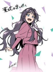1girl black_hair blue_eyes blush highres kaoru_hana_wa_rin_to_saku kikyo_private_academy_school_uniform long_hair open_mouth pink_shirt school_uniform shirt smile solo standing tokuoka_kouhei waguri_kaoruko