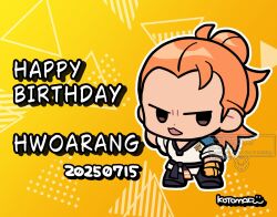 Rule 34 | 1boy, arm behind head, black pants, chibi, chibi only, forehead, full body, gloves, gradient background, hair bun, happy birthday, hwoarang (tekken), jitome, korean clothes, kotorai, male focus, open mouth, orange background, orange hair, outline, pants, single hair bun, tekken, tekken 8, white outline, yellow gloves