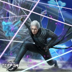 1boy afterimage blue_eyes blue_jacket blue_sky capcom crystal day devil_may_cry_(series) devil_may_cry_5 fingerless_gloves gloves highres jacket katana kuroiwa_enu looking_at_viewer motion_lines official_art short_hair sky speed_lines sword teppen vergil_(devil_may_cry) weapon white_hair