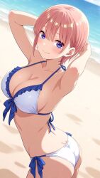 1girl absurdres alternate_costume armpits arms_behind_head arms_up ass beach bikini blue_eyes breasts cleavage go-toubun_no_hanayome hair_between_eyes highres jewelry large_breasts looking_at_viewer looking_back nakano_ichika navel parted_lips pink_hair sand short_hair smile solo sunglasses swimsuit water white_bikini
