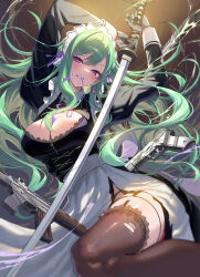 1girl absurdres alternate_costume apron arms_up assault_rifle black_dress black_thighhighs blush breasts center_cross_lace cleavage cleavage_cutout clothing_cutout collared_dress commentary_request commission dress enmaided eyelashes frilled_apron frilled_thighhighs frills garter_straps gloves green_hair grin gun hair_spread_out handgun highres holding holding_sword holding_weapon juliet_sleeves katana lace lace_panties large_breasts long_dress long_hair long_sleeves looking_at_viewer maid maid_apron maid_headdress messy_hair midnamana mole mole_on_breast mouth_hold panties panty_peek puffy_sleeves purple_eyes purple_ribbon ribbon ribbon_in_mouth rifle sleeve_cuffs smile solo swept_bangs sword teeth textless_version thighhighs torn_clothes torn_dress torn_thighhighs underwear virtual_youtuber vspo! weapon white_apron white_gloves white_sleeve_cuffs yakumo_beni