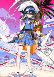 1girl arm_at_side beach belt black_hair black_one-piece_swimsuit blue_shirt blue_skirt bracer breasts caution_tape chainsaw character_doll character_name chinese_clothes closed_mouth cloud colored_inner_hair covered_navel crop_top crossed_bangs earrings endo_(takolegs) expressionless fate/grand_order fate_(series) game_cg hair_over_one_eye hand_in_own_hair hand_up hat highleg highleg_one-piece_swimsuit horizon jewelry lady_yu_doll legs_apart looking_at_viewer miniskirt mole mole_under_eye multicolored_hair o-ring o-ring_thigh_strap ocean official_art one-piece_swimsuit one_eye_covered orange_eyes palm_tree pink_sky pleated_skirt sand sandals shirt short_hair skirt sky sleeveless sleeveless_shirt small_breasts solo standing swimsuit swimsuit_under_clothes thigh_strap third-party_source tree variant_set waves weapon weapon_on_back white_belt white_hat xu_fu_(fate) xu_fu_(swimsuit_avenger)_(fate) xu_fu_(swimsuit_avenger)_(first_ascension)_(fate) yin_yang