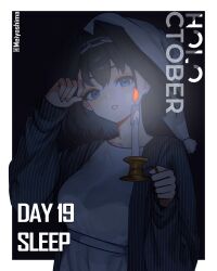 1girl absurdres alternate_costume arm_up blue_eyes blue_hair border breasts candle candle_wax candlelight candlestand chain chain_headband commentary english_commentary english_text fire hair_intakes hat highres holding_candlestand hololive hololive_english large_breasts long_sleeves looking_at_viewer meiyoshima nightcap nightgown open_mouth ouro_kronii pajamas parted_lips pinstripe_pattern short_hair sleepwear solo twitter_username upper_body virtual_youtuber white_border white_hat white_nightgown