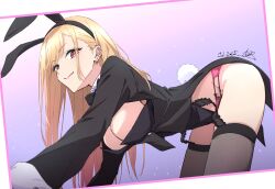 1girl all_fours animal_ear_hairband animal_ears barbell_piercing black_thighhighs blonde_hair blush breasts cleavage closed_mouth detached_collar ear_piercing earrings fake_animal_ears fake_tail garter_straps gyaru hairband highres industrial_piercing jewelry kitagawa_marin large_breasts leotard long_hair looking_at_viewer nii_manabu panties piercing pink_panties playboy_bunny rabbit_ear_hairband rabbit_ears rabbit_tail red_eyes smile solo sono_bisque_doll_wa_koi_wo_suru tail thighhighs underwear