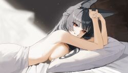 1girl absurdres animal_ears bed black_hair braid breasts bright_pupils commentary fox_ears fox_girl from_side half_up_braid highres hoshimi_miyabi large_breasts long_hair looking_at_viewer lying on_stomach parted_lips pov_across_table red_eyes rikui_(rella2930) smile solo white_pupils zenless_zone_zero