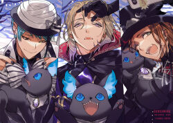 3boys :q animal aqua_hair black_cape black_gloves black_jacket black_nails blonde_hair blue_eyes blush bow cape character_request closed_mouth collage commentary_request fang gloves green_eyes grey_bow hair_between_eyes halloween hat hat_bow holding holding_animal jacket looking_at_animal looking_at_another looking_at_phone multicolored_hair multiple_boys nana_tetra one_eye_closed open_mouth orange_hair outdoors phone purple_eyes purple_hair selfie sharp_teeth short_hair smile teeth tongue tongue_out twisted_wonderland twitter_username two-tone_hair upper_body white_hat white_jacket yellow_eyes