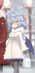 Rule 34 | 1boy, 1girl, absurdres, animal ears, bag, bat wings, black gloves, black thighhighs, blue hair, blue skirt, blush, coat, delucky alma, emil chronicle online, gloves, hair ribbon, highres, lamppost, rafoll, red coat, red hair, red ribbon, ribbon, skirt, snow, thighhighs, white bag, white coat, wings, winter, winter uniform, yellow eyes