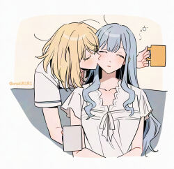 Rule 34 | 2girls, bak pep, bang dream!, bang dream! it&#039;s mygo!!!!!, blonde hair, blue hair, closed eyes, coffee mug, collarbone, commentary request, cup, holding, holding cup, kiss, kissing cheek, korean commentary, medium hair, misumi uika, mug, multiple girls, parted lips, shirt, short sleeves, togawa sakiko, twitter username, waking up, white shirt, yuri