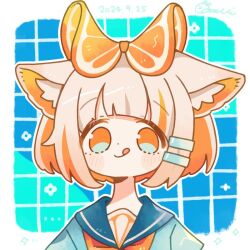 1girl animal_ear_fluff animal_ears blonde_hair blush_stickers bow cat_ears cat_girl colored_inner_hair dated ears_down food-themed_hair_ornament hair_bow hair_ornament hairclip multicolored_hair orange_eyes orange_hair original portrait school_uniform serafuku short_hair smile solo sorata123 tongue tongue_out