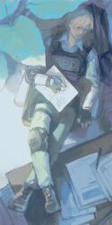 Rule 34 | 1boy, black gloves, black vest, blonde hair, blue shirt, boots, brown boots, bulletproof vest, chair, closed eyes, closed mouth, collared shirt, commentary, desk, glove cutout, gloves, hand on own stomach, hashtag-only commentary, highres, jianghesongmu, lace-up boots, legs up, leon s. kennedy, male focus, on chair, open collar, pants, paper, papers, pen, plant, resident evil, resident evil 2, resident evil 2 (remake), shirt, shoes on desk, sitting, sleeping, solo, vest, wooden desk