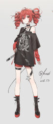 1girl absurdres belt black_boots black_shirt boots drill_hair full_body hair_ribbon hand_on_own_hip highres kasane_teto kieed lace-up_boots layered_sleeves long_shirt long_sleeves red_eyes red_hair revision ribbon shirt sleeves_past_wrists solo standing thigh_belt thigh_strap twin_drills utau