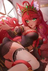 1girl ahoge alicia_(vtuber) animal_ear_fluff animal_ears arhunova artist_name black_dress black_sleeves breasts detached_sleeves dress earrings fang gem green_eyes green_gemstone highres indie_virtual_youtuber jewelry long_hair mouse_ears mouse_girl mouse_tail open_mouth red_hair red_ribbon ribbon short_dress solo tail tan tiara virtual_youtuber
