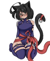 ahoge animal_ears birthmark black_cat black_hair cat cat_ears cat_girl cat_tail cosplay dark_skin glasses highres huge_ahoge indie_virtual_youtuber marvel marvel_rivals nek0roe nek0roe_(artist) orange_eyes psylocke psylocke_(vengeance) tail thighhighs virtual_youtuber