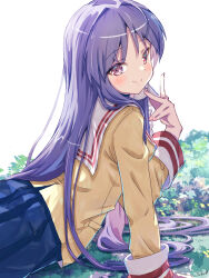 Rule 34 | 1girl, akayama yukihe, blue skirt, blue sweater, clannad, commentary request, fujibayashi kyou, grass, hair intakes, hair ribbon, hair spread out, highres, hikarizaka private high school uniform, long hair, lying, pleated skirt, purple hair, ribbon, sailor collar, school uniform, serafuku, signature, skirt, smile, solo, sweater, turtleneck, turtleneck sweater, very long hair, white ribbon, white sailor collar
