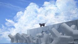 Rule 34 | black cat, breakwater, cat, cloud, cloudy sky, commentary request, day, highres, horizon, no humans, ocean, original, outdoors, pier, scenery, signature, sky, takano higashi, tetrapod