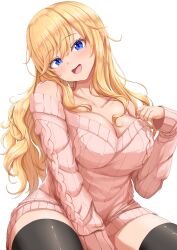 1girl absurdres bare_shoulders black_thighhighs blonde_hair blue_eyes blush breasts cleavage collarbone hachi7515 highres idolmaster idolmaster_cinderella_girls large_breasts long_hair looking_at_viewer off-shoulder_sweater off_shoulder ohtsuki_yui pink_sweater ribbed_sweater sitting smile solo sweater thighhighs wavy_hair