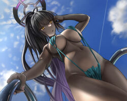1girl black_hair blue_archive breasts commentary dark-skinned_female dark_skin day from_below halo highres karin_(blue_archive) kouichi_eiji large_breasts long_hair navel outdoors ponytail pool_ladder purple_halo slingshot_swimsuit solo swimsuit tan very_long_hair yellow_eyes