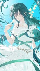 1girl artist_request ashley_(shining_nikki) bare_shoulders commission dandelion dress flower frills grey_eyes grey_hair hair_between_eyes highres holding holding_flower long_hair looking_at_viewer nikki_(series) outdoors parted_lips ribbon scar scar_on_face shining_nikki simple_background solo third-party_source very_long_hair white_dress