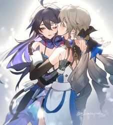 2girls absurdres black_gloves black_hair blue_eyes blue_hair blue_scarf bronya_rand closed_eyes colored_eyelashes colored_inner_hair commentary dress drill_hair elbow_gloves english_commentary fingerless_gloves gloves grey_hair highres honkai:_star_rail honkai_(series) hug kiss kissing_cheek long_hair mie_xing multicolored_hair multiple_girls one_eye_closed scarf seele_(honkai:_star_rail) signature twitter_username two-tone_hair very_long_hair white_dress yuri