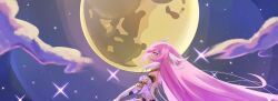 1girl breasts commentary_request corset e_e332 elbow_gloves elf elysia_(herrscher_of_human:_ego)_(honkai_impact) elysia_(honkai_impact) from_side full_body gloves highres honkai_(series) honkai_impact_3rd long_hair night night_sky pink_hair pointy_ears sky smile solo very_long_hair white_corset white_gloves