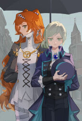 2girls absurdres ascot black_coat black_hat black_pants black_umbrella black_vest blue_bow blue_sky boater_hat bow building checkered_hairband coat collared_shirt cowboy_shot dress eden_(shengaoneng) green_eyes grey_eyes grey_hair grey_sleeves hair_bun hairband hat hat_bow hat_on_chest highres holding holding_unworn_clothes holding_unworn_hat long_hair looking_at_viewer multiple_girls orange_hair pants pants_under_dress parted_lips profile reverse:1999 shirt short_dress short_hair single_side_bun sky sonetto_(reverse:1999) towel umbrella unworn_hat unworn_headwear vertin_(reverse:1999) vest waistcoat white_ascot white_dress white_pants white_shirt
