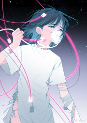 1girl absurdres alien_stage artist_name bandaged_arm bandages black_hair choker commentary dress hashtag-only_commentary highres hospital_gown juan_xin_cai neck_tattoo oxygen_mask purple_eyes short_hair short_sleeves solo space star_(sky) sua_(alien_stage) tattoo watermark weibo_watermark white_choker white_dress