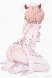 1girl absurdres animal_ears apron artist_name ass back bare_shoulders blush breasts brown_hair butt_crack commentary ear_blush feet film_grain frilled_apron frills from_behind garter_straps hair_ribbon hat highres indie_virtual_youtuber kneeling large_breasts median_furrow medium_hair nimi_nightmare nurse_cap one_side_up panties ribbon shellvi shoulder_blades soles solo tapir_ears tapir_girl thighhighs thighs toes underwear virtual_youtuber white_apron white_background white_garter_straps white_hat white_panties white_ribbon white_thighhighs
